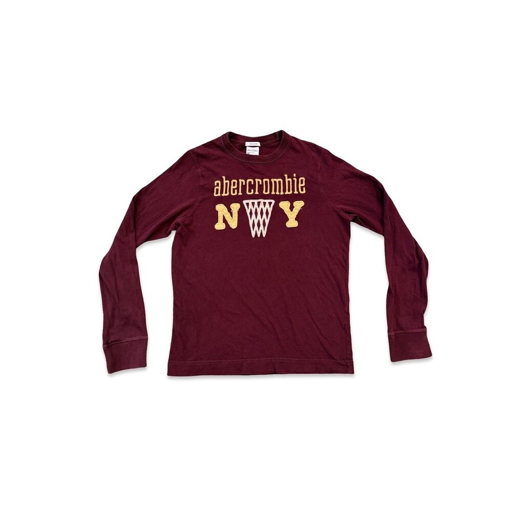 Abercrombie Kids Muscle Long Sleeve Shirt Large Burgundy Cotton Embroidered VTG